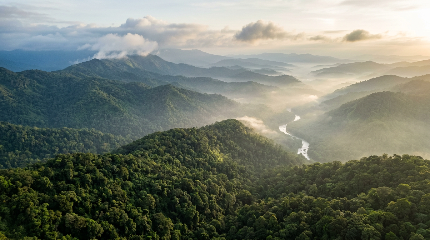 Mist rising through the layered rainforest canopy of the Western Ghats