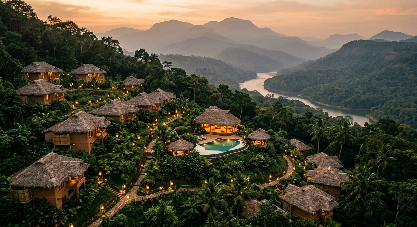 Proposed aerial view of Athir Earth Retreat, its earth-architecture cottages terraced into a forested hillside