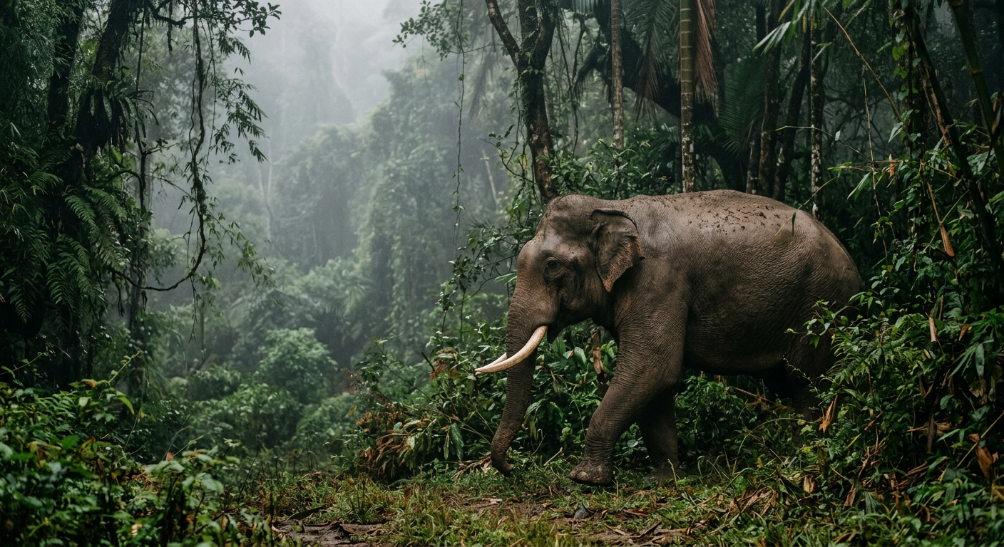 A wild elephant in the forest landscape around Athirappilly